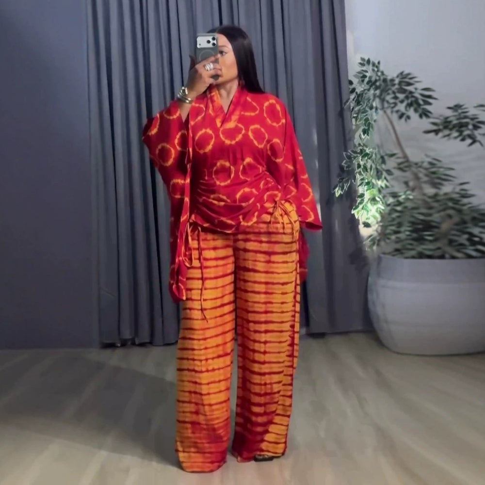 african plus size women's clothing  summer new fashion v-neck printed drawstring top and wide-leg pants set