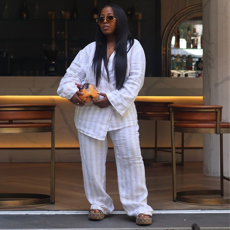 European and american cross-border african women's fashion  autumn new collection: striped v-neck long sleeve shirt and wide-leg pants set