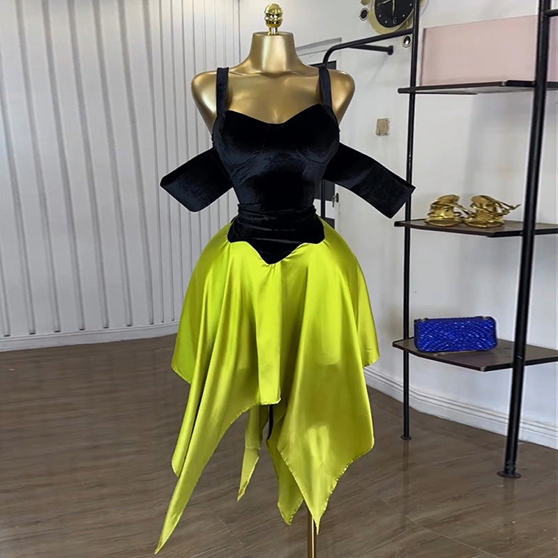 European and american cross-border african women's fashion  autumn new arrival: elegant patchwork asymmetrical dress with spaghetti straps