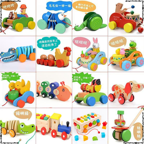 Wooden drag toddler toy small pull cart hand push children toddler crawling hand traction rope snail baby 1-3 years old 2