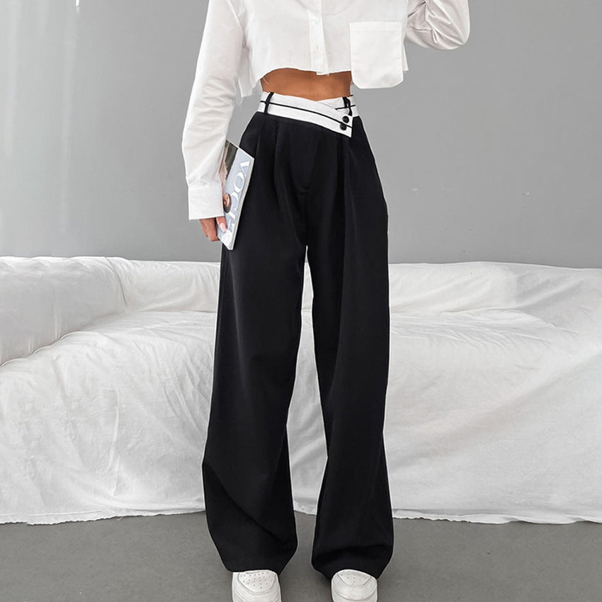2025  American street contrasting suit pants women's spring design high waist drape wide-leg casual pants trousers