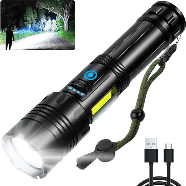 Cross-border XHP70 strong light USB charging COB red light side light telescopic zoom output mobile phone charging P90 flashlight