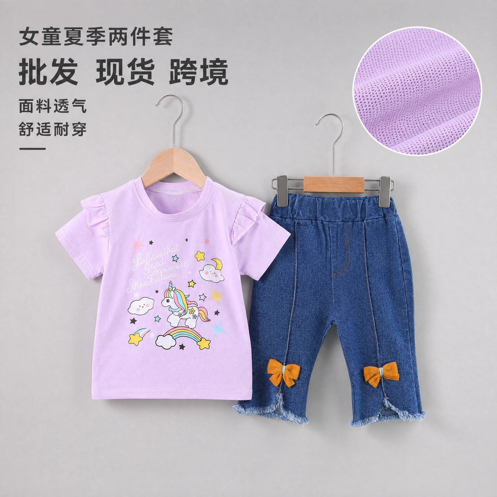 wholesale children's clothing: new girls' summer outfit set - unicorn print short-sleeve t-shirt & soft denim shorts - in stock
