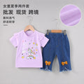 wholesale children's clothing: new girls' summer outfit set - unicorn print short-sleeve t-shirt & soft denim shorts - in stock