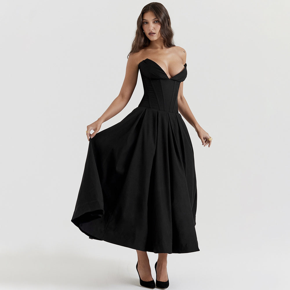 Exportfashion style  spring new arrivalsexy long skirt tube top skirt v pointed fishbone waist a swing dress for women