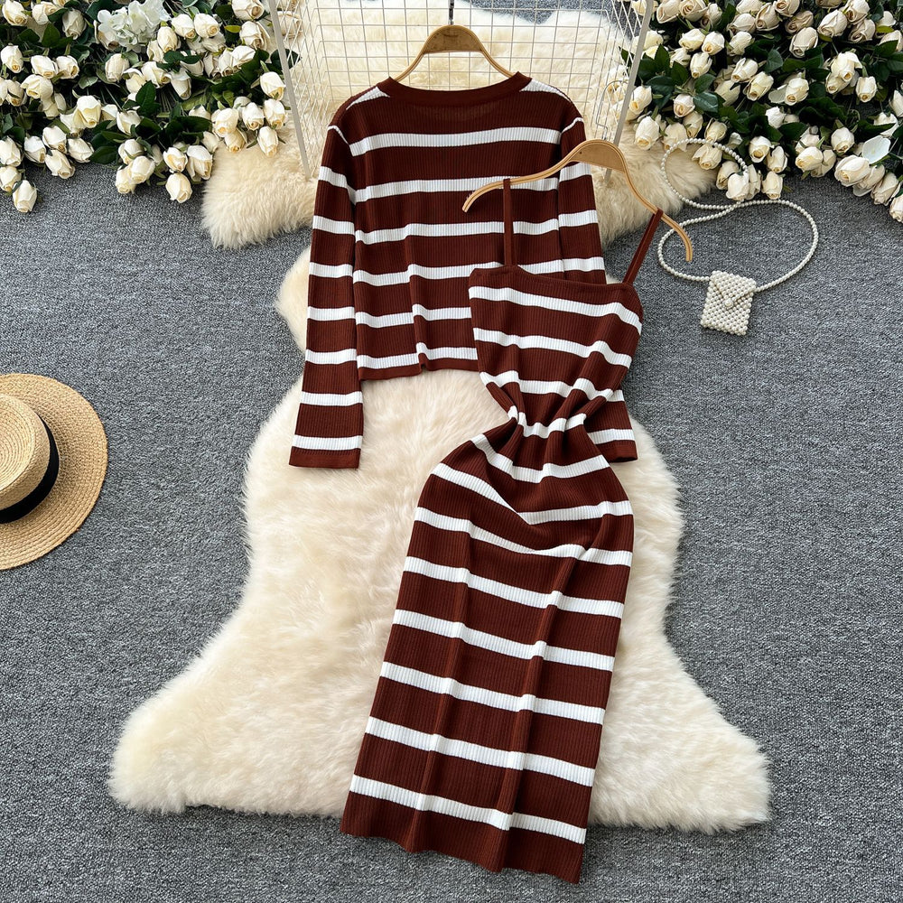 Elegant two-piece set: figure-flattering knit cami dress + long-sleeve striped cardigan