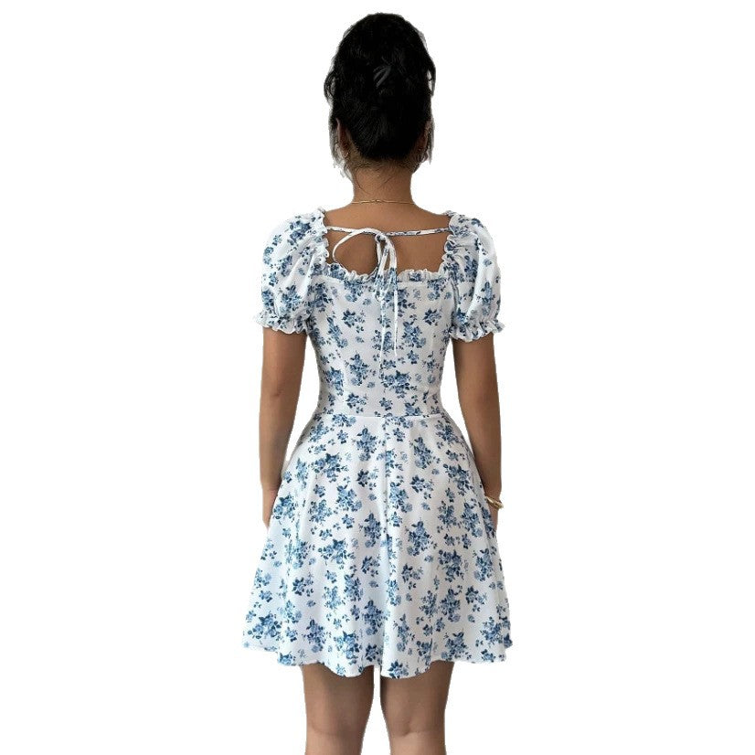 blue floral print dress - women's casual floral bubble sleeve tie-waist - wholesale