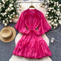 French retro bubble sleeve shirt dress with tie-waist and tulle detail – a unique and exquisite mid-length dress