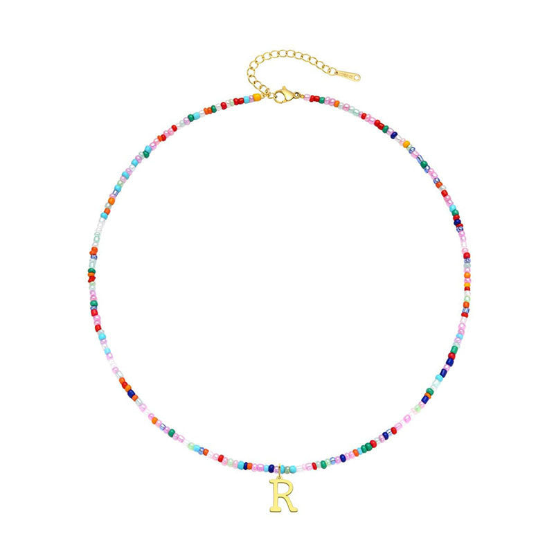 European and american cross-border colorful beaded initial necklace, 18k gold plated choker, bohemian stainless steel necklace