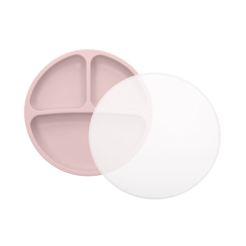 Children's silicone round three-grid plate with PP lid tableware set Baby feeding complementary food plate with small suction cup
