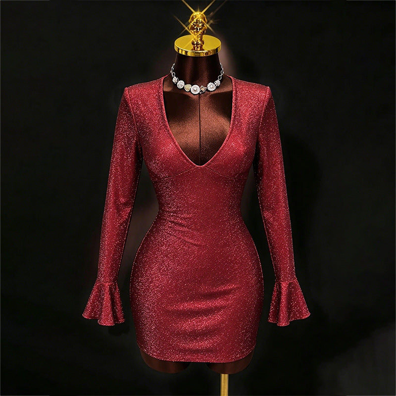 women's shimmering silver thread mini dress long sleeve bodycon party dress -  bestseller