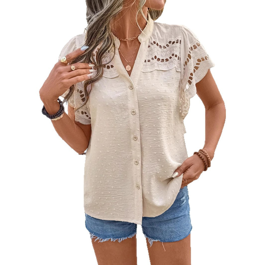 2025 spring and summer  European and American  lace lace hollow hairball cardigan button short-sleeved T-shirt top women
