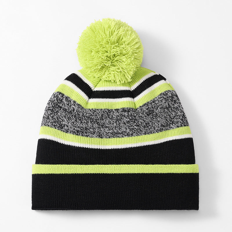 Aozhe, children's autumn and winter wool hats, boys and girls striped hairball warm knitted hats, European and American Christmas gifts