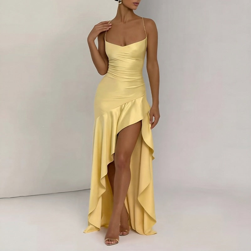 summer new women's fashion: cross-border european and american style elegant solid color ruffle hem asymmetrical dress