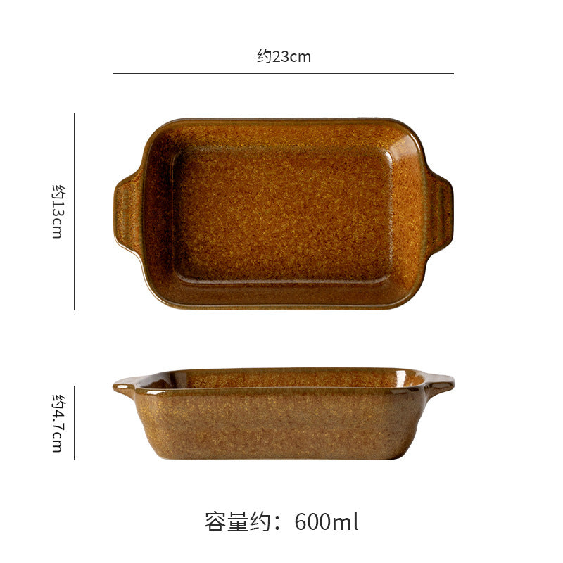Creative kiln-turned double-ear ceramic baking dish baking tool cheese rice pizza plate pasta plate barbecue rectangular plate