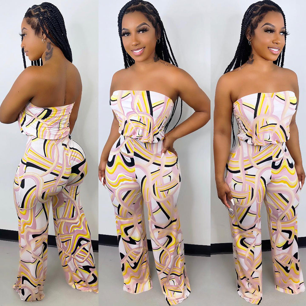 European and american cross-border women's fashion:  new sexy printed off-the-shoulder wide-leg jumpsuit