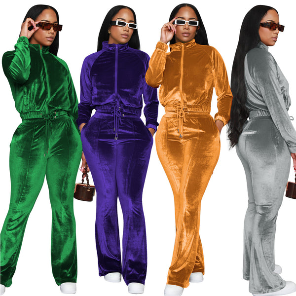 YD8678 European and American women's clothing,  new models, fashionable drawstring, solid color dense velvet, micro-speaker two-piece set