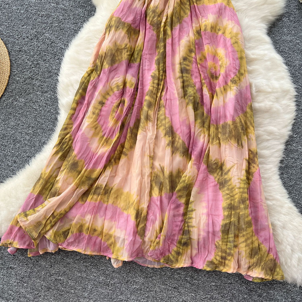 Frenchniche style holiday style dress women's summer fashionprinting suspender v neckhigh waistslimming lookelegant long skirt