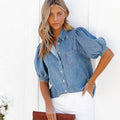 e-commerce   new versatile princess sleeve turn-down collar lightweight denim shirt casual top trendy women's