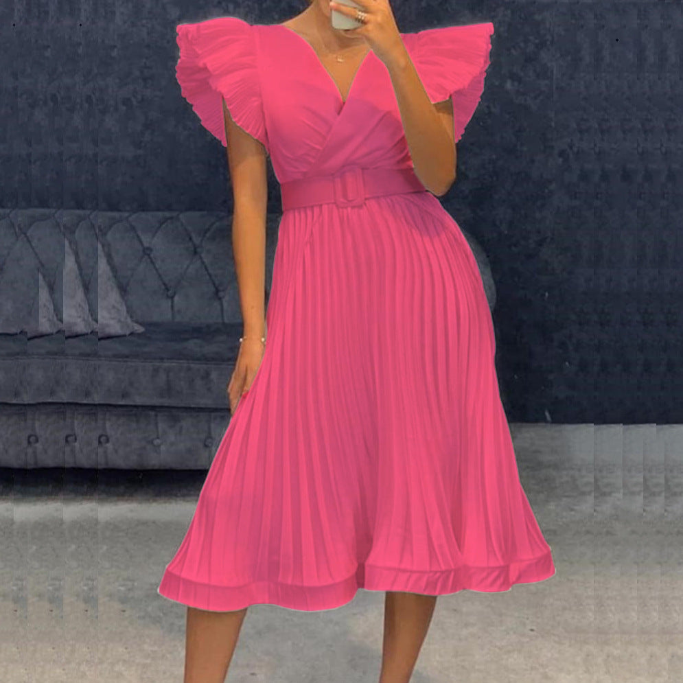 D3079 free belt  european and american foreign trade women's clothing  sexy v neck flying sleeves pressed pleated cross-border dress