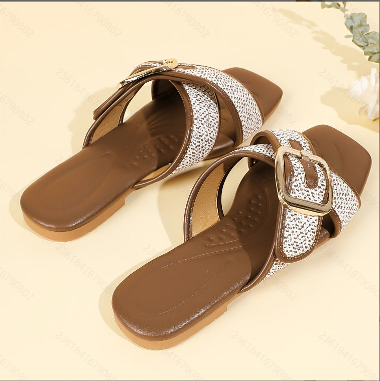 2025 summer new arrival: braided criss-cross metal buckle strap heeled open-toe sandals & flat back slides for women