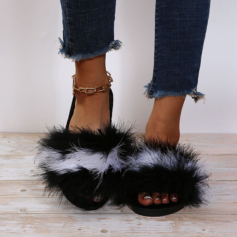 Fashion real fur ostrich fur slippers women's winter flip-flops fur fur women's shoes outwear cotton slippers outwear slippers women