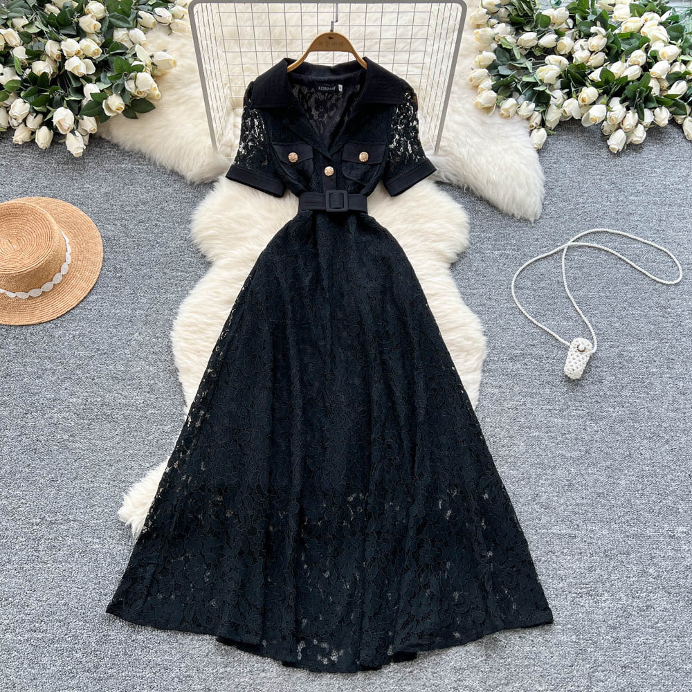 Luxury french style high-end short-sleeve dress - women's summer blazer collar lace mesh belted maxi dress