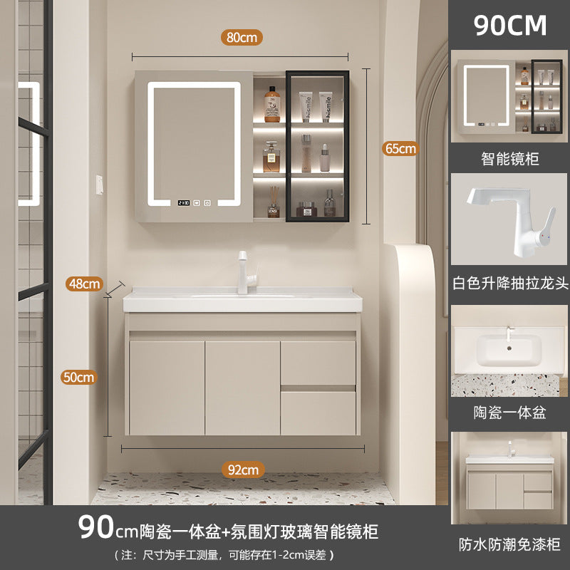 Ceramic all-in-one basin bathroom combination solid wood bathroom wash basin wash basin wash basin cream style