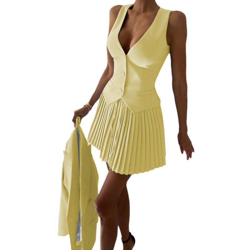 European and american cross-border  fashion two-piece set: women's v-neck single-breasted vest top and pleated mini skirt