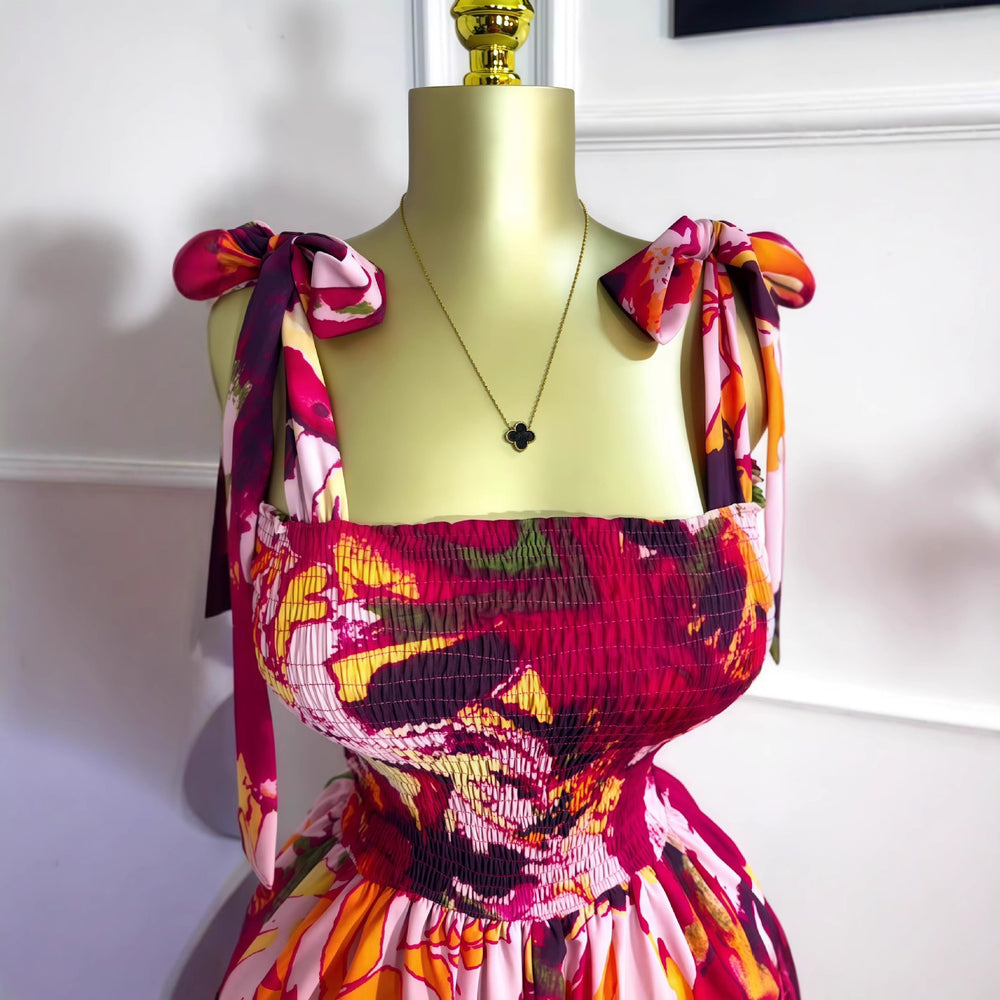 European and american cross-border women's summer  new sleeveless bow-tie bandeau waist-cinching long printed jumpsuit