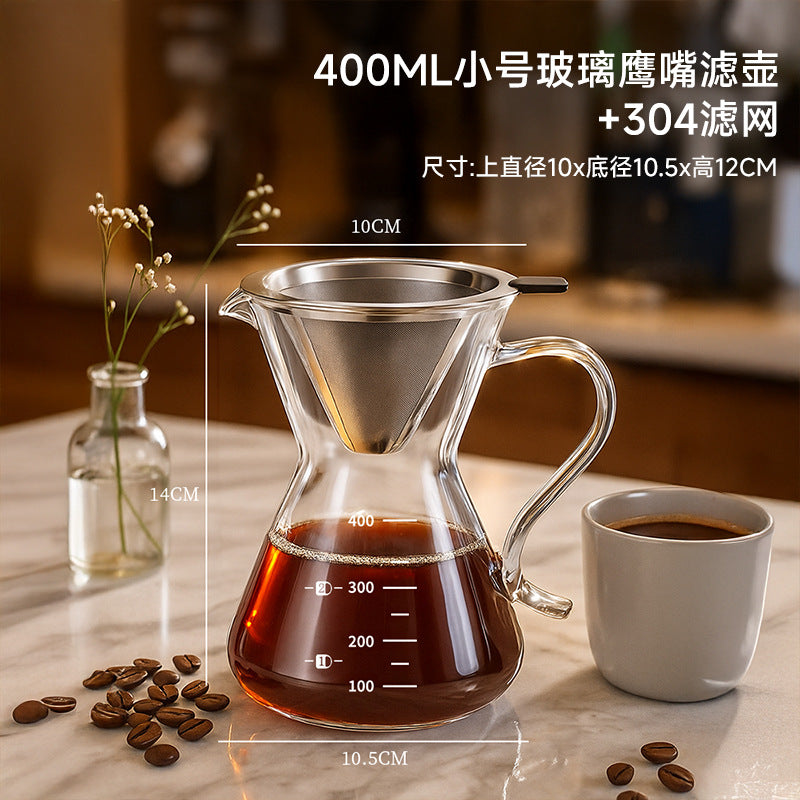 Glass pour-over coffee maker with stainless steel filter, drip coffee filter cup, sharing carafe, coffee maker set