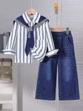 new autumn cross-border girls' striped shirt with color block shawl + straight-leg jeans three-piece set