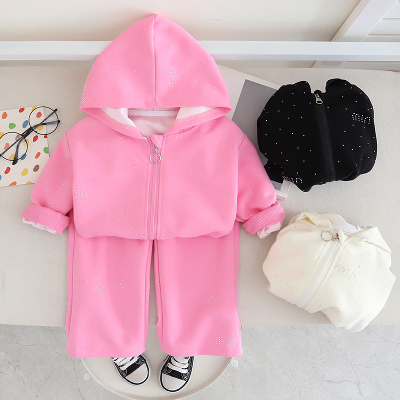new trendy kids' fashionable baby spring/autumn letter & heart hooded long sleeve two-piece set - girls' spring outfit
