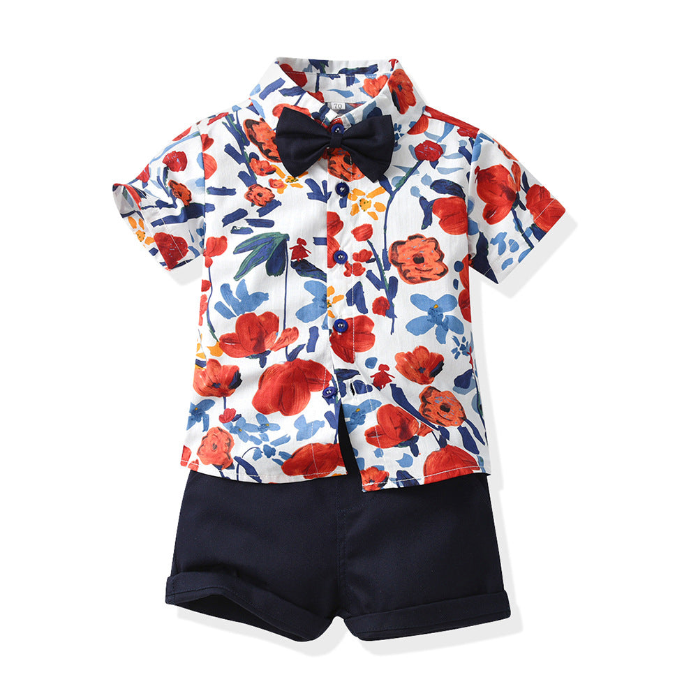 Boys' summer outfit set: new  trendy two-piece floral shirt and shorts set for baby boys