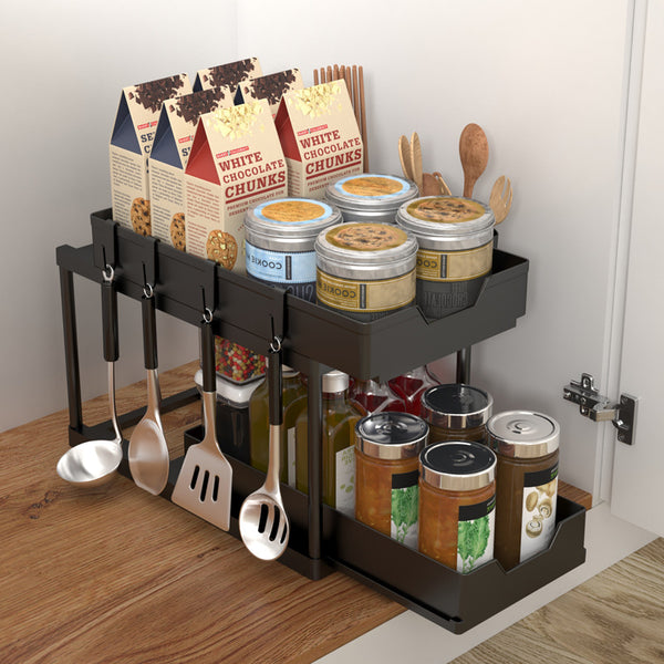 Double Pull Shelf Kitchen Countertop Push-pull Seasoning Storage Rack Sink Organization Rack Under Cabinet