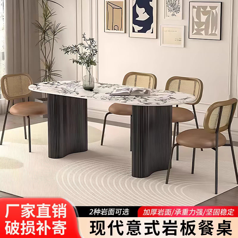 French cream oval dining table with marble top and full baseboard - vintage, high-end, compact, modern, and light luxury dining table for home use