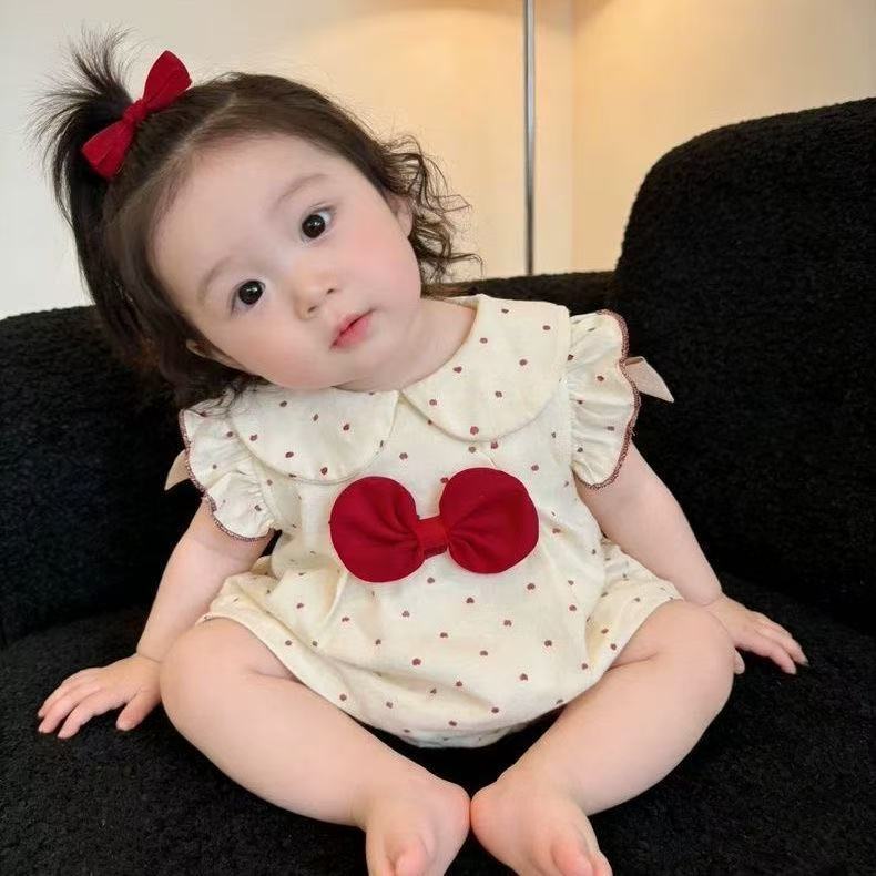 Newborn baby summer romper - lightweight newborn bodysuit - sweet & cute polka dot bowknot onesie for baby girls
