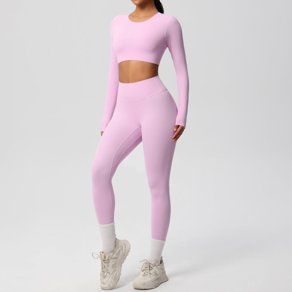 Ready-to-ship, solid-color, double-sided nylon brushed fabric, barely-there feel, form-fitting activewear yoga set for running and fitness, two-piece