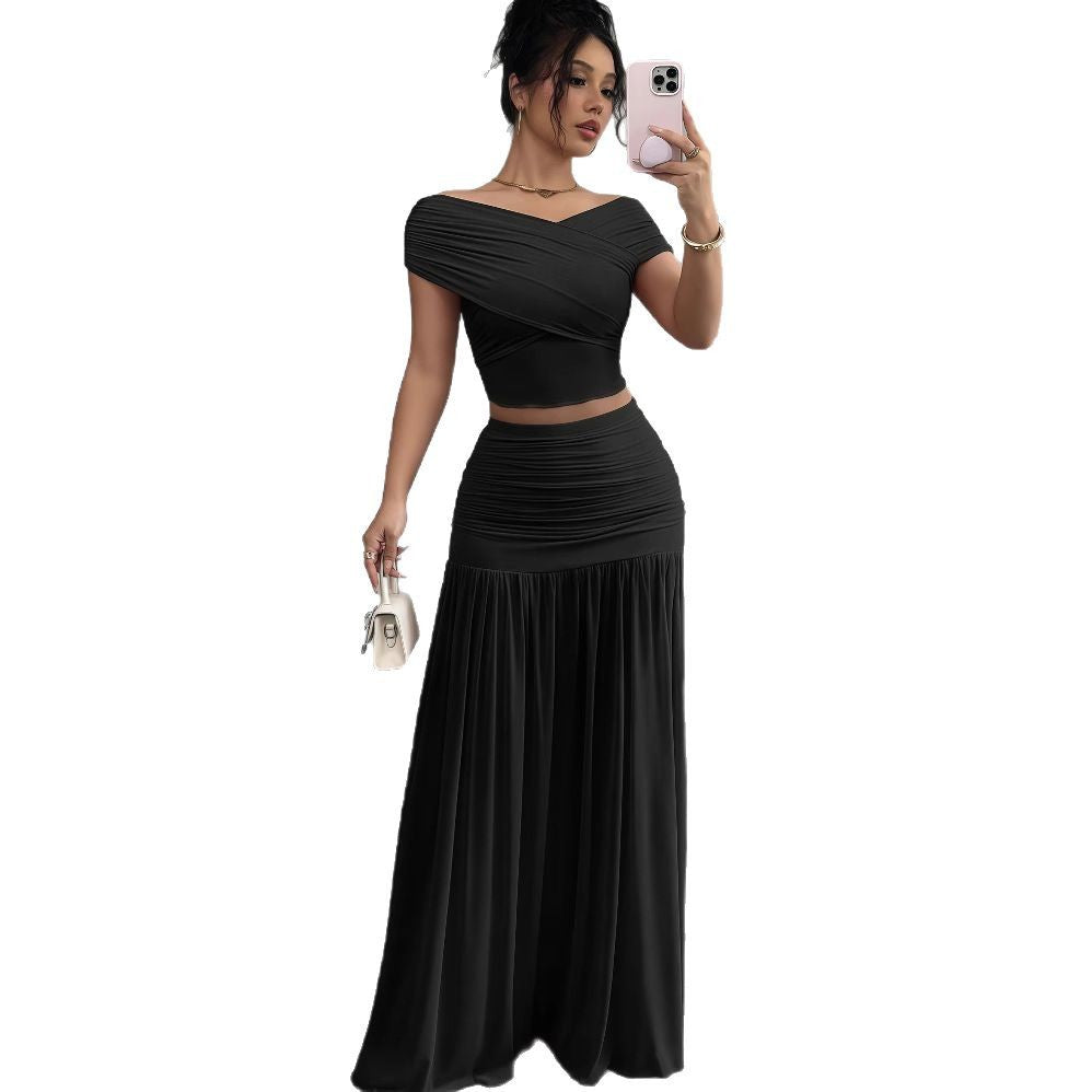 European and american cross-border women's fashion:  summer new arrival - solid color off-the-shoulder top with cinched waist pleated panel skirt two-piece set