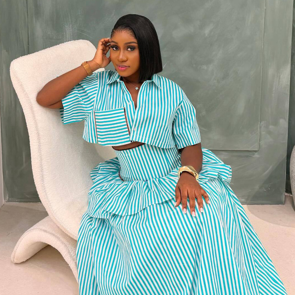 European and american cross-border women's fashion:  summer new collection - stylish and elegant striped short-sleeve shirt and waist-cinching midi skirt set