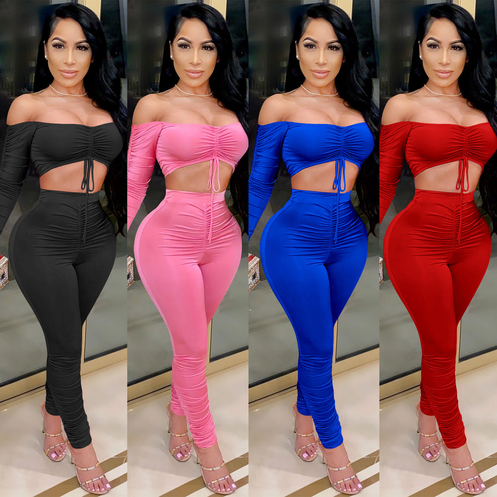 C3715 special offer: no returns or exchanges. please purchase with care. cross-border fashion women's two-piece set with ruched sleeves and tie detail