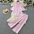 Lazy style stripesshirtloose pantstwo-piece set female summer lapel casualcasualelegantsuitsense of design