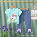 Girls' outfit  new cartoon cute animal korean style denim shorts lace short sleeve two-piece set for young children and toddlers