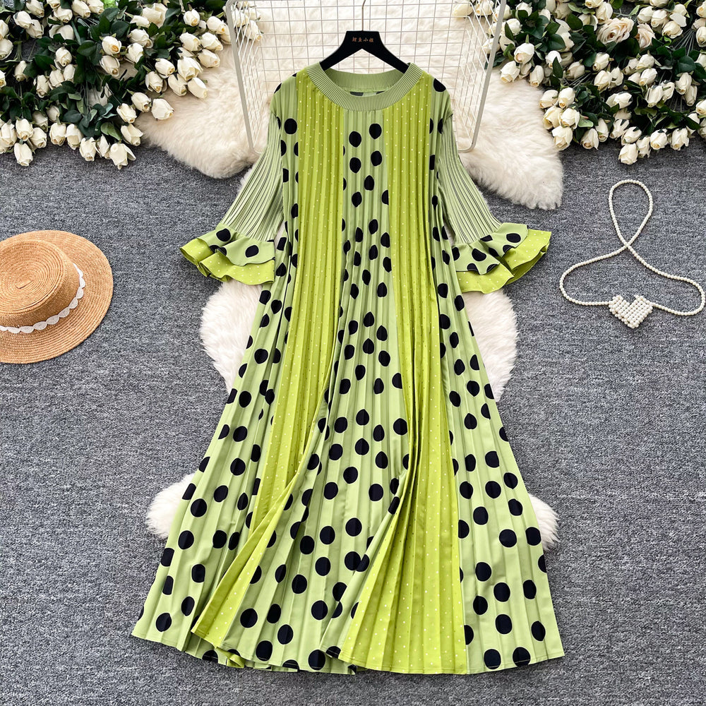 K-style polka dot pleated short-sleeved dress women's summerruffle sleeve round neck pleated skirtslimming lookelegantwork clothing skirt