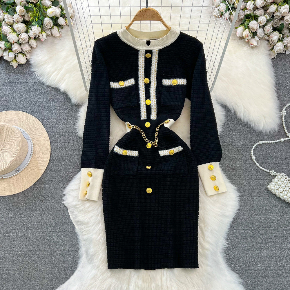Autumn winter xiaoxiangfeng celebrity elegantcontrast colorlong sleeves round neck waist slimming look longa word knittingdress