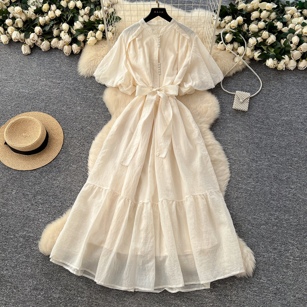 French fashion stand collar lantern sleeve tie-waist dress - slimming, elegant, sparkling ruffle hem maxi dress