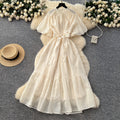 French fashion stand collar lantern sleeve tie-waist dress - slimming, elegant, sparkling ruffle hem maxi dress