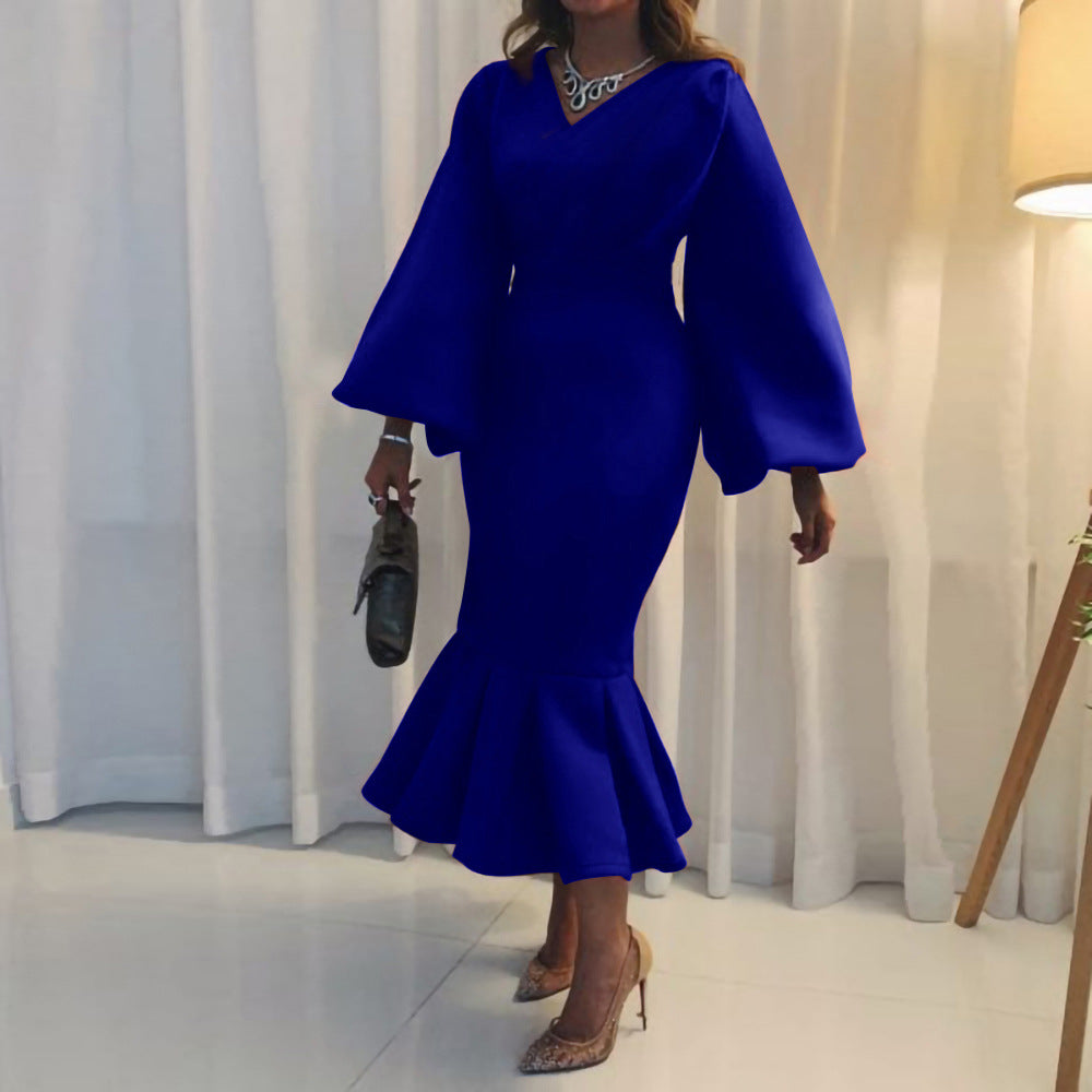 women's spring  new arrivals: european and american fashion plus size v-neck long sleeve sexy mermaid dress - export quality