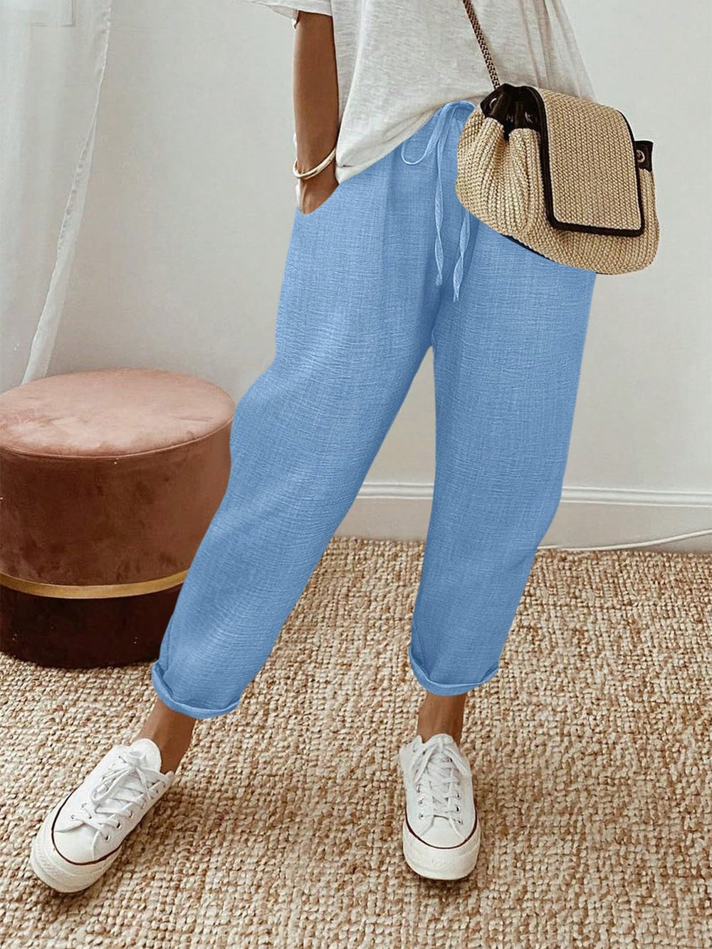 women's clothing  pure color drawstring loosecasualstraight-leg pants workwear pants elegantwork clothing