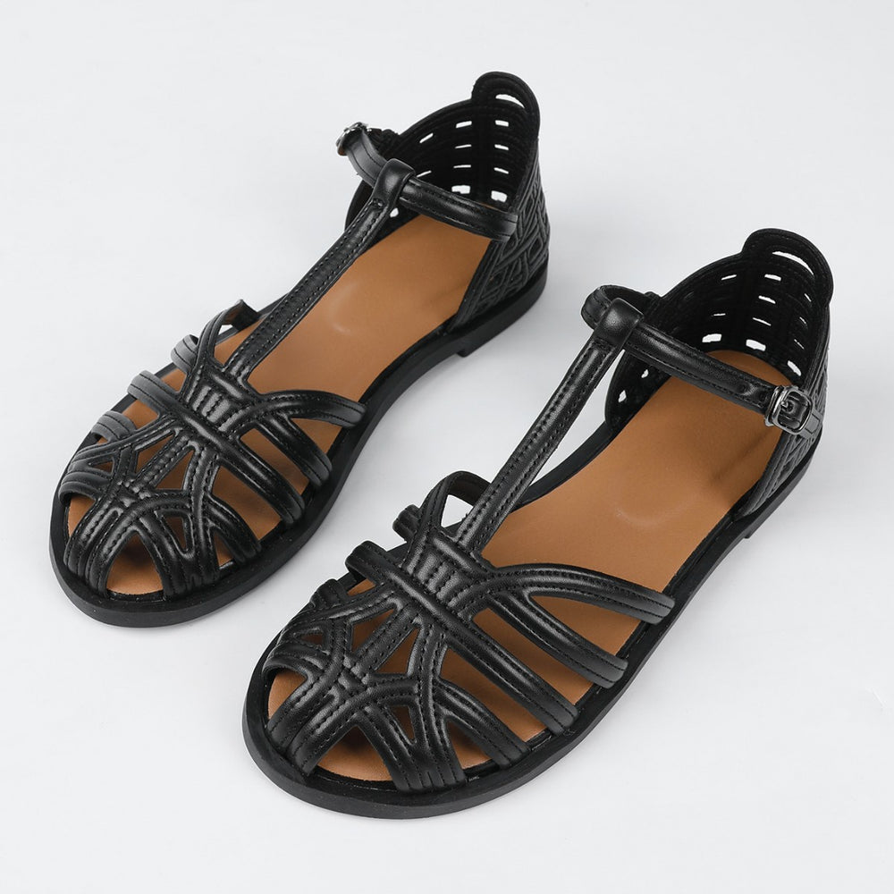 Women's flat fashion sandals - 2026 summer french retro woven hollow-out breathable closed-toe thong strap roman sandals